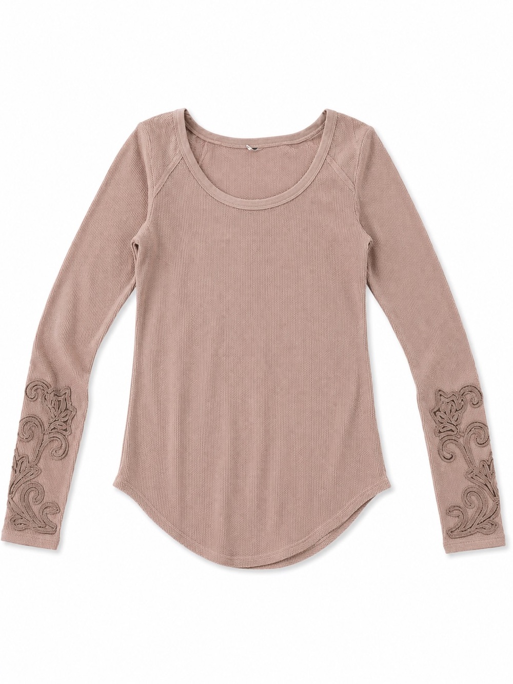 Free people size mediumLong Sleeve Scoop Neck waffle knit Top Embroidered sleeve - Picture 1 of 4